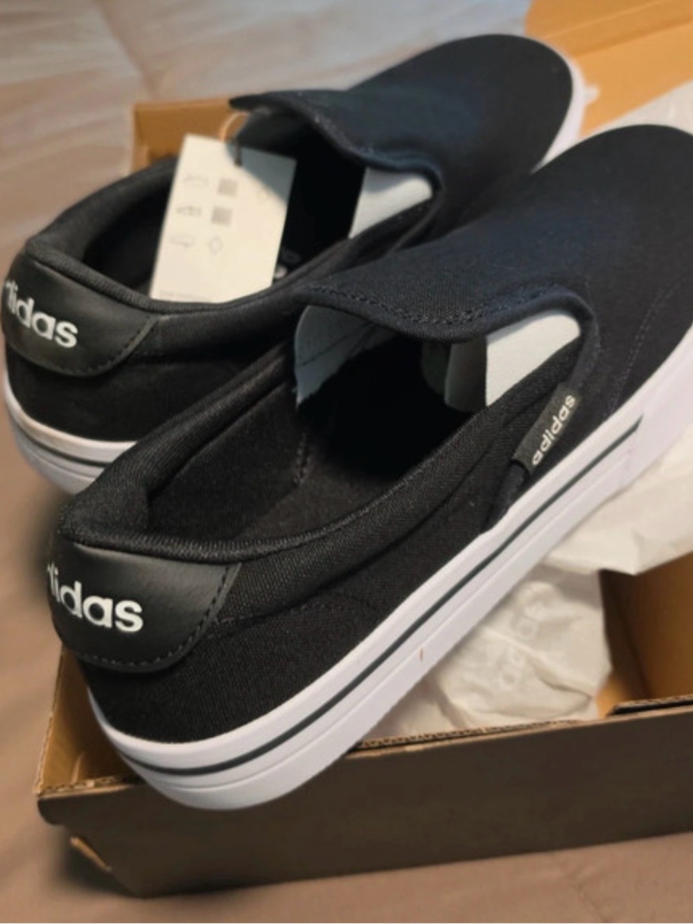 adidas Black Slip-On Canvas Flats with White Sole